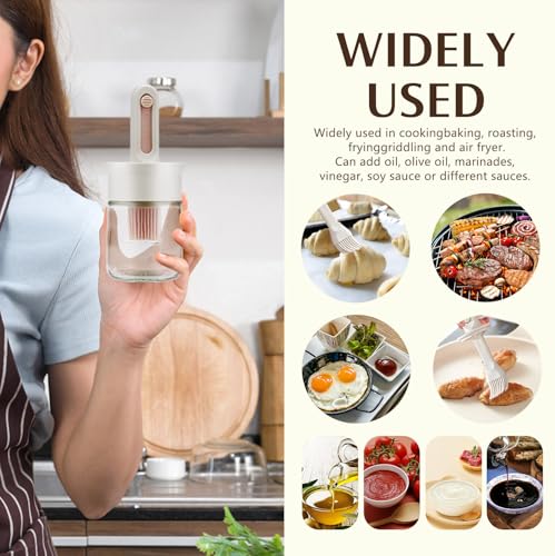 2 Pack Oil Dispenser with Brush, Glass Olive Oil Dispenser Bottle with Telescoping Silicone Basting Brush and Locked Lid for Kitchen Cooking Vinegar Sauce BBQ Grill Frying (White+Pink)