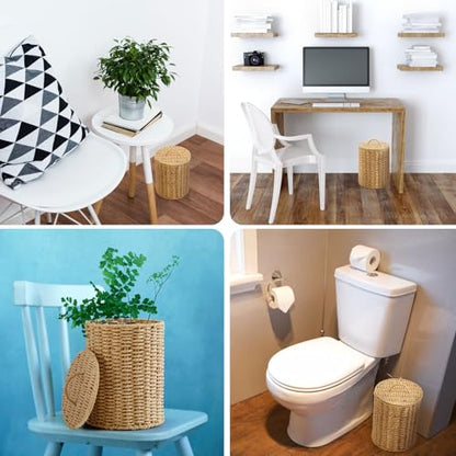Ctosree 1.3 Gallons Small Trash Can with Lid Handle Boho Woven Braided Bathroom Waste Basket Trash Can with 100 Garbage Bags for Bedroom Office Laundry(Braided Paper Rope, Primary Color) - color: Black, style: Round