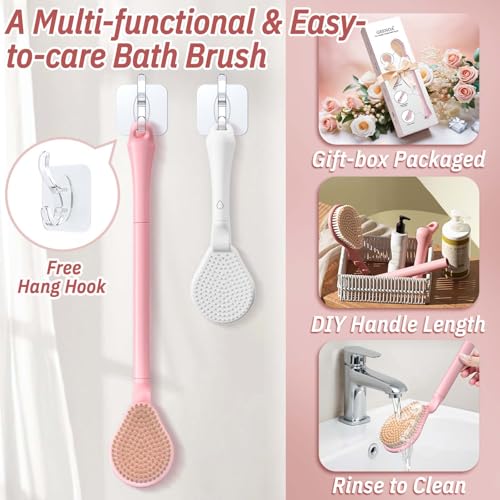 Back Scrubber for Shower & Silicone Bath Glove Set, 19’’ Detachable Long Handle Body Scrubber Wet or Dry Brush, Adjustable 2-in-1 Back & Body Brush with Soft Bristles for Deep Cleaning(Pink) - color: Back Scrubber-pink