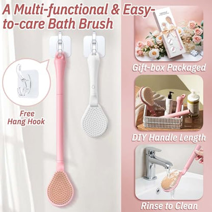 Back Scrubber for Shower & Silicone Bath Glove Set, 19’’ Detachable Long Handle Body Scrubber Wet or Dry Brush, Adjustable 2-in-1 Back & Body Brush with Soft Bristles for Deep Cleaning(White) - color: Back Scrubber-white