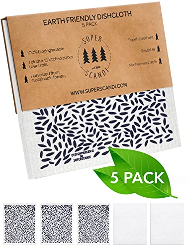 SUPERSCANDI 5 Pack Swedish Dishcloths for Kitchen - 100% Biodegradable & Compostable Reusable Paper Towels Washable, Food-Safe & Without Plastic - Dish Rags Suitable for Any Surface, Leaves - color: Leaves