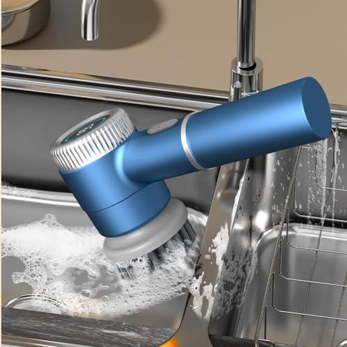 DONGKER Electric Spin Scrubber,3 Speeds Adjustment Handheld Electric Scrubber with 5 Replaceable Brush Heads for Floor Tub Tile Kitchen Car - color: Blue