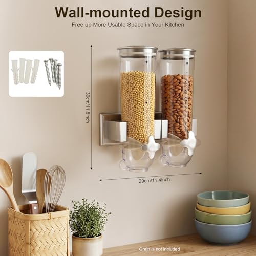 Wall-mounted Food Dispenser, 3L 2 Buckets Coffee Bean Candy Rice Dispenser, Dry Food Dispenser Cereal Dispenser Grain Storage Dispenser for Home, Kitchen, Countertop, Cutlery Rack (White) - color: White