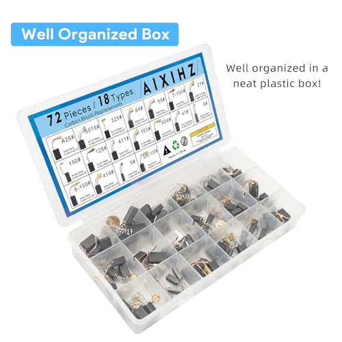 72 PCS Carbon Brushes Set, 18 Sizes Motor Brushes by Size Replacement for Power Tools, Universal Carbon Brush Kit Compatible with Electric Hammer Drills, Angle Grinders, Circular Saws