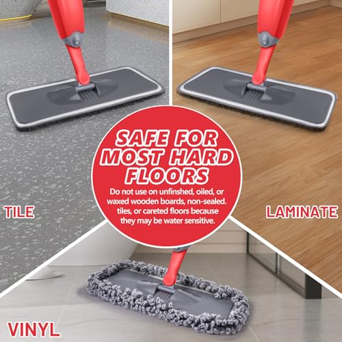 HOMTOYOU Dust Mop for Hardwood Floors: Microfiber Spray Mop for Cleaning | 3 Pcs Washable Reusable Pads, 1Pcs 400+ML Refillable Bottle, 360-Degree Swivel Mop, Red & Gray - color: Red