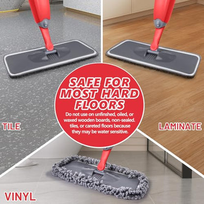 HOMTOYOU Dust Mop for Hardwood Floors: Microfiber Spray Mop for Cleaning | 3 Pcs Washable Reusable Pads, 1Pcs 400+ML Refillable Bottle, 360-Degree Swivel Mop, Red & Gray - color: Red