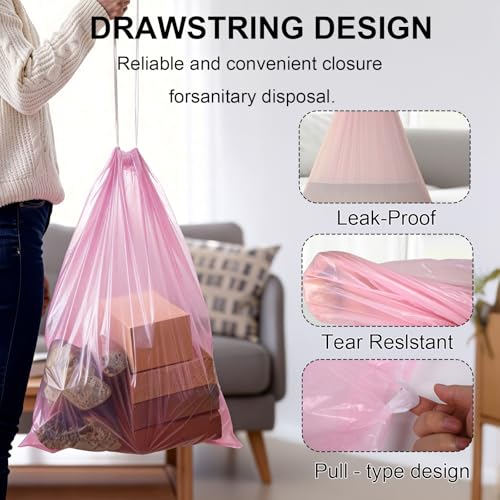 40 Count 13 Gallon Drawstring Trash Bags, Heavy Duty Unscented Garbage Bags, Extra Strong, Tear & Leak Resistant, for Kitchen, Home, Office, Fits 40-60L Bins (Pink) - color: 13 Gallon-Pink