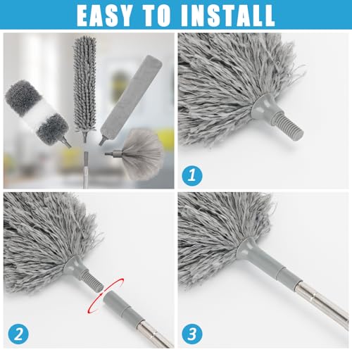 Microfiber Duster Kit 36pcs with 30 to 100 in Extension Pole and Ceiling Fan Cleaner Duster, Washable and Bendable Feather Duster for Cleaning Ceiling Fans, High Ceilings, Blinds, Grey