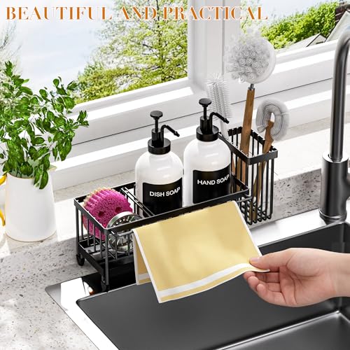 Kitchen Soap Dispenser Set with Sponge Holder and Towel Rack, 17OZ Glass Bottle, Hand and Dish Soap Dispenser Set, Non-Slip Silicone Pad, Brush Holder, Kitchen Sink Caddy Organizer Countertop (White) - color: White