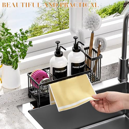 Kitchen Soap Dispenser Set with Sponge Holder and Towel Rack, 17OZ Glass Bottle, Hand and Dish Soap Dispenser Set, Non-Slip Silicone Pad, Brush Holder, Kitchen Sink Caddy Organizer Countertop (White) - color: White