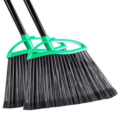 2 Pack Heavy Duty Brooms, 55" Long Handle Indoor Outdoor Angle Broom Set, Household Commercial Floor Cleaning, for Sweeping Home, Kitchen, Deck, Garage, Patio - Green