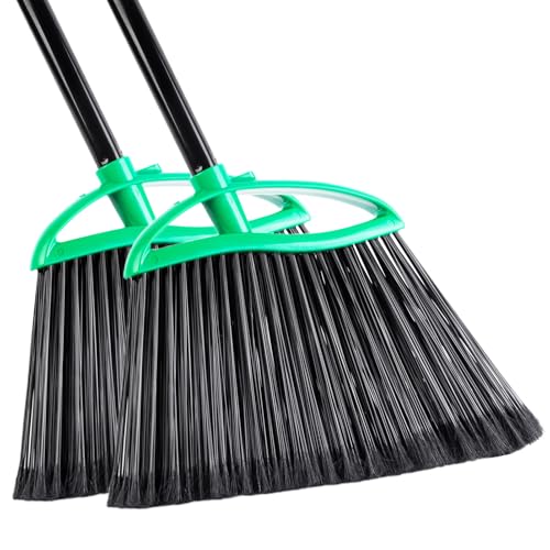 2 Pack Heavy Duty Brooms, 55" Long Handle Indoor Outdoor Angle Broom Set, Household Commercial Floor Cleaning, for Sweeping Home, Kitchen, Deck, Garage, Patio - Green