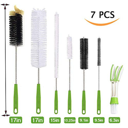 Long Bottle Brush, 17 in Bendable Cleaner Brushes for Cleaning Neck Beer Bottles, Wine, Baby Bottles, Water Bottles, Tumblers, Flask, Bird Feeder, Vase, Pipes and Brewing Supplies 7 Pack - color: 7-pcs Brush Set