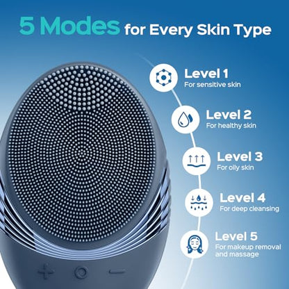 COSLUS FBS01 Facial Cleansing Brush Face Scrubber, Compact for Travel | Rechargeable, Gentle Silicone, 5 Cleansing Modes, Deep Cleaning for Men & Women, Removing Blackhead Exfoliating, Navy Blue - color: Navy Blue