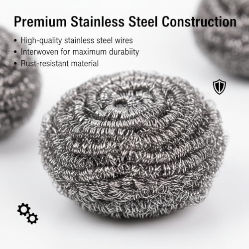 6-Pack Stainless Steel Scourers Heavy Duty Scrubber Pads 6cm x 2.5cm Metal Scouring Pads for Kitchen Cookware Grills Pans Oven Rust-Resistant Multipurpose Cleaning Pads for Tough Grease Burnt On Food