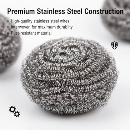 6-Pack Stainless Steel Scourers Heavy Duty Scrubber Pads 6cm x 2.5cm Metal Scouring Pads for Kitchen Cookware Grills Pans Oven Rust-Resistant Multipurpose Cleaning Pads for Tough Grease Burnt On Food