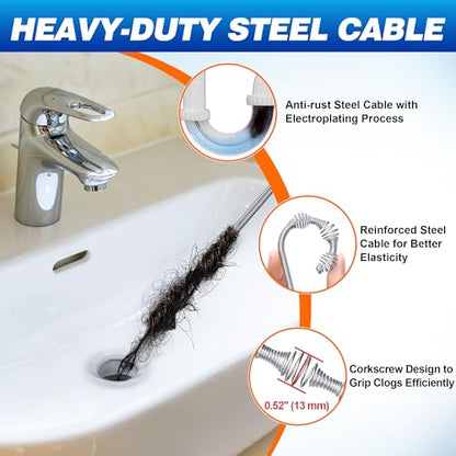 Drainsoon Auto Feed Drain Auger with Drill Adapter, 33 Feet Drain Snake Hair Clog Remover, Manual or Powered Plumbing Snake Drain Cleaner for Bathroom, Shower, Kitchen Sink, Comes with Gloves - color: Blue