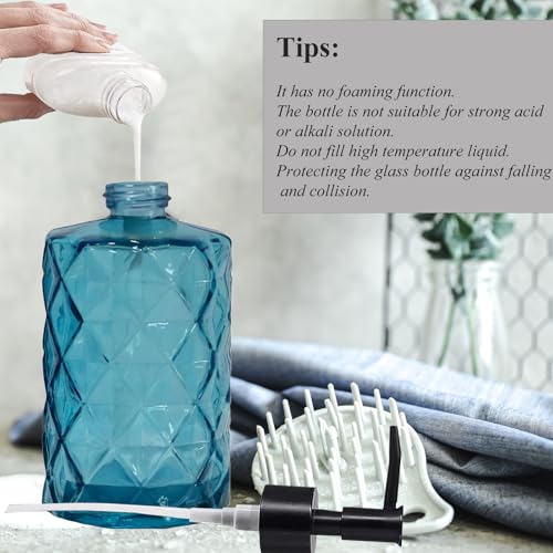 12Oz Small Glass Soap Dispenser with Black Plastic Pump, Blue Refillable Kitchen Countertop Liquid Hand Soap Dispensers with Diamond Design, Crystal Bathroom Lotion Bottle for Dispense Dish Soap - color: Blue Diamond