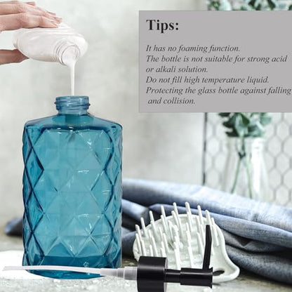 12Oz Small Glass Soap Dispenser with Black Plastic Pump, Blue Refillable Kitchen Countertop Liquid Hand Soap Dispensers with Diamond Design, Crystal Bathroom Lotion Bottle for Dispense Dish Soap - color: Blue Diamond