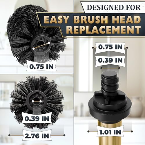Gold Toilet Brush and Holder Set - Stainless Steel Gold Toilet Bowl Brush and Holder with Replaceable Head, Removable Inner Bowl, and Splash Guard - Dense Bristles for Thorough Cleaning - color: Gold