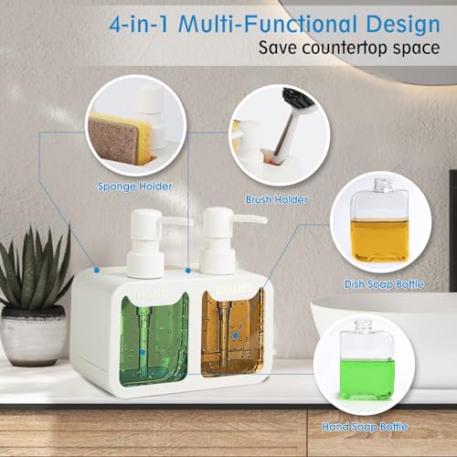 Kitchen Soap Dispenser Set, with Hand and Dish Soap, Sponge Caddy and Brush Holder 4-in-1 Kitchen Dual Soap Dispenser Set for Kitchen Sink, Bathroom - White - color: White