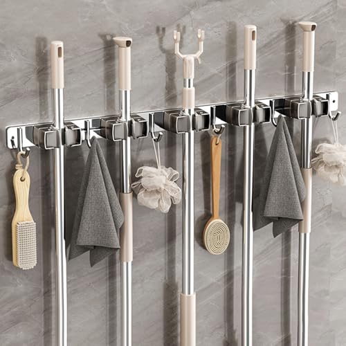Wall-Mounted Broom Holder Stainless Steel Mop Storage Rack Laundry Room Storage Solution Suitable for Kitchens, Gardens,Garages (Option B: 5 clips with 6 hooks) - color: Option B: 5 clips with 6 hooks