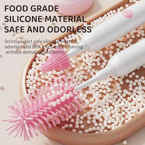 Rechargeable Electric Bottle Brush with Stand - 360° Spin Silicone Cleaner for Baby Bottles, Breast Pumps & Small Household Containers (Pink) - color: Pink