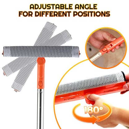 Window Squeegee with 62" Adjustable Stainless Steel Pole —2-in-1 Sponge Scrubber &Streak-Free Blade, No Ladder for 1-Story &Skylights,Car &RV Windshields,Shower Doors,Tile Orange