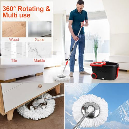 Mop and Bucket with Wringer Set, 360° Rotating Mop Bucket System with 3 Microfiber Mop, Stainless Steel Floor Cleaning System with Dual Mode, Black&red