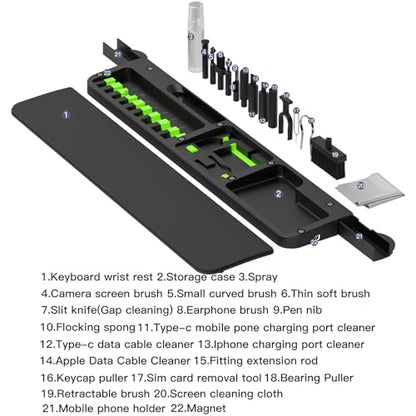 Ergonomic Keyboard Wrist Rest Cleaning Kit, 22 in 1 Cleaning Kits Wrist Rest for Keyboard, Non-Slip Springy Sponge Keyboard Rest Pad with Deep Cleaning Cleaning Tools for Earbuds, Lens, Charging Port - color: Black