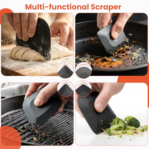 Cast Iron Scrubber with Long Handle | 316 Cast Iron Cleaner Chainmail Scrubber for Cast Iron Pan Skillet Cleaner - Dish Scouring Pad Dishwasher Safe Cleaning Kit (Red, 1 Scrubber + 1 Scraper) - color: Red, 1 Scrubber + 1 Scraper