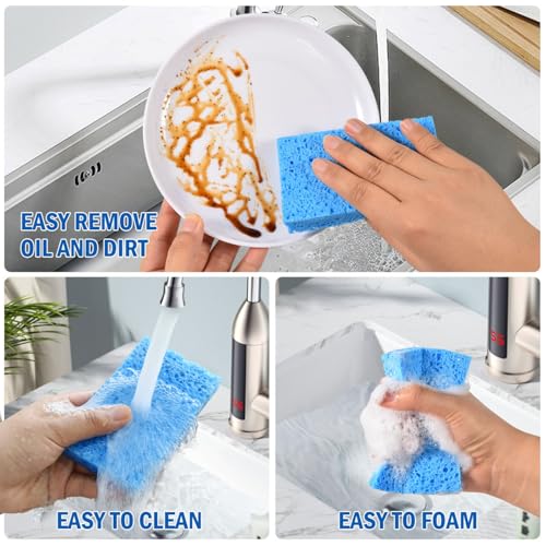 YoleShy 48 Pack Sponges Kitchen Natural Compressed Cellulose Sponges for Dishes Non Scratch for Household Cookware Bathroom Cars Soft Super Absorbent Reusable, Blue and Yellow