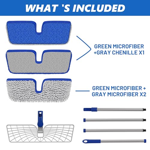 2-Sided Microfiber Dust Mop for Hardwood Floors & Walls | Flat Flip Head, Wet Dry Use, 3 Chenille & Microfiber Pads, 58" Handle, 360° Swivel, Sweep Pet Hair, Tile, Laminate, Kitchen - size: 15" Mop-B