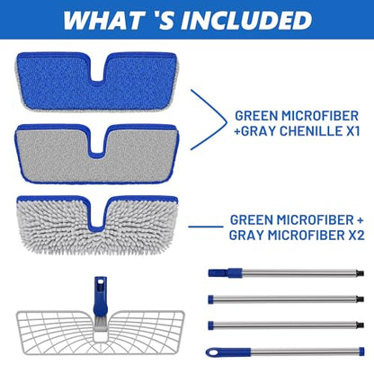 2-Sided Microfiber Dust Mop for Hardwood Floors & Walls | Flat Flip Head, Wet Dry Use, 3 Chenille & Microfiber Pads, 58" Handle, 360° Swivel, Sweep Pet Hair, Tile, Laminate, Kitchen - size: 15" Mop-B