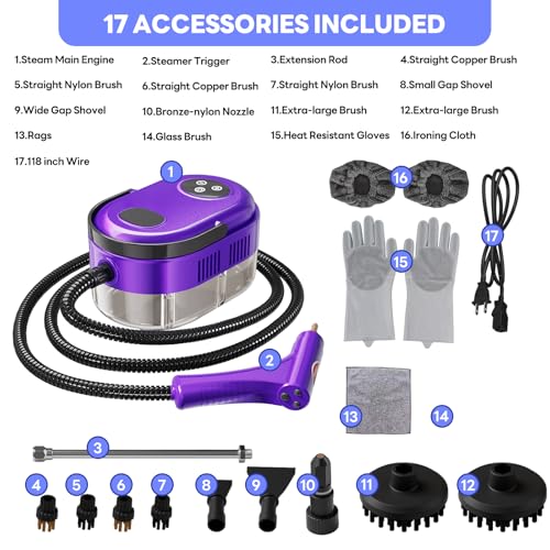 Handheld Steam Cleaner, 10s Fast Handheld Heating Steamer for Cleaning 15-in-1 High Pressure Steam Cleaner for Home & Kitchen, Grease, Grout, Tile,Floor,Couch and Car - color: Purple