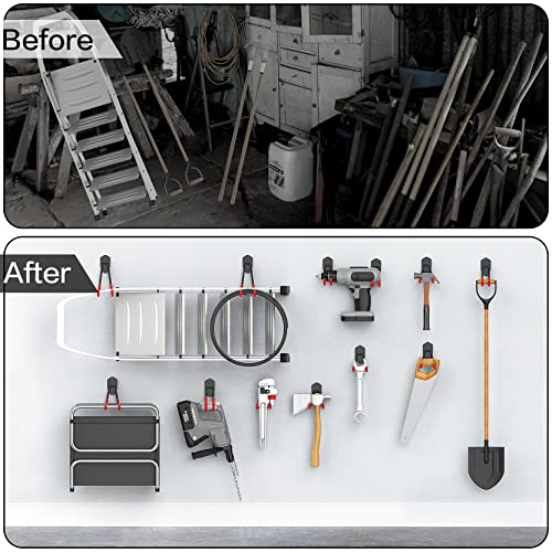 WALMANN 12 PCS Garage Storage System Hooks, Wall Mount Heavy Duty Rubber Coated Utility Hooks for Garden Tools, Ladders, Cords, Folding Chairs, Weed Eaters, Shovels and Rakes