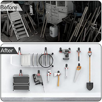 WALMANN 12 PCS Garage Storage System Hooks, Wall Mount Heavy Duty Rubber Coated Utility Hooks for Garden Tools, Ladders, Cords, Folding Chairs, Weed Eaters, Shovels and Rakes