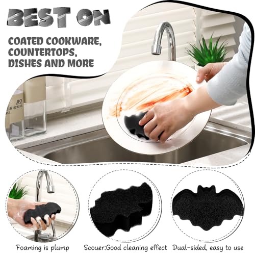 Tioncy 12 Pack Bat Sponges Kitchen Bulk Dual Sided Scrubber Gothic Sponges Dishwashing Non Scratch Bat Kitchen Accessories Dish Scouring, Black - color: Black, style: Bat