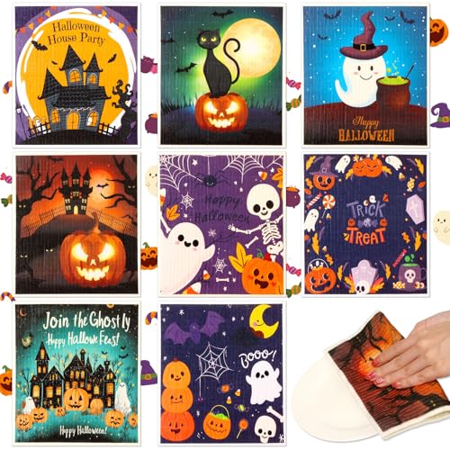 Lucomb 8 Pack Halloween Swedish Dishcloths Reusable, Kitchen Sponges Soft Absorbent Dish Towels Swedish Dish Cloths Washable Decorative for Kitchen Washing Dishes Bathroom Office Hand Towel Cleaning - color: Halloween Days