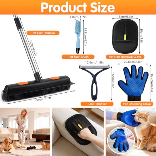 Carpet Rake for Pet Hair Removal, 5 in 1 Reusable Pet Hair Removal Tool Kit, Cat & Dog Hair Carpet Rake, Adjustable Long Handle Pet Hair Removel Tool, Pet Hair Broom for Carpet, Rugs, Mats, Furniture