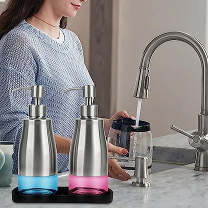 Gaussra Kitchen Soap Dispenser Set with Silicone Tray and Stickers - Brushed Nickel, Stainless Steel Glass Soap Dispenser Bathroom, Refillable Hand Dish Dispenser for Kitchen Sink - color: Brushed Nickel 2 & Tray
