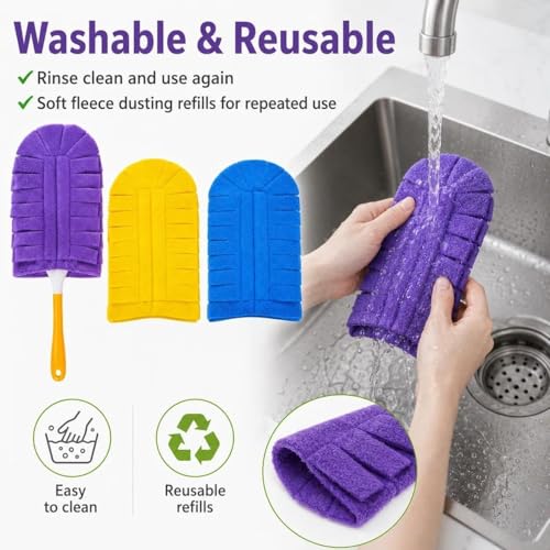 3 Pack Reusable Duster Refills with 1 Handle, Washable 360° Dusting Heads Compatible with Swiffer Dusters for Wet & Dry Cleaning, Blinds, Fans, Furniture, Cars and Pet Hair