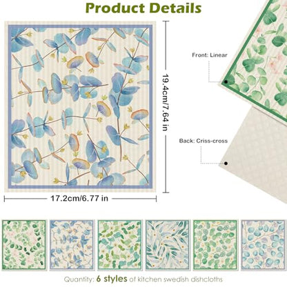 6 Packs Swedish Paper Cloths for Kitchen, Reusable Paper Towels Washable Dish Rags, Highly Absorbent Kitchen Towels Quick Drying Swedish Sponge Cleaning Dish Cloths(Eucalyptus Leaves) - color: Eucalyptus Leaves