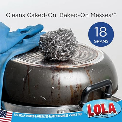 Stainless Steel Wool Scouring Pads, 12 Pack, by LOLA Brand, 18 Grams - Curled Flat Wire, Cleans Caked On & Baked On Messes on Cookware - size: 12 Pack, style: Standard