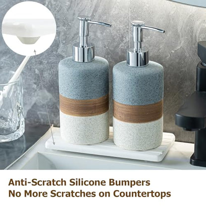 Ceramic Soap Dispenser Set(2 Pack) – Hand Soap, Dish Soap, Shampoo & Shower Soap Dispenser for Bathroom & Kitchen, Stainless Steel Pump, Includes Silicone Funnel & Diatomaceous Tray, Gray - color: Gray and White, size: 2xSoap Dispenser Set with Tray
