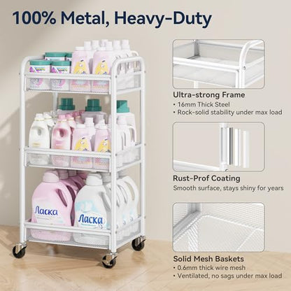 YASONIC 3 Tier Rolling Cart – Metal Utility Storage Carts with Wheels, Craft Carts Organizer with Hanging Cups, Hooks, Mesh Basket for Bedside Kitchen Office Art, White - color: White
