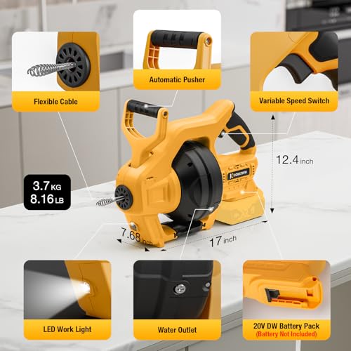 Cordless Drain Auger Compatible with Dewalt 20V Battery, Auto-Feed Plumbing Drain Snake with 23.62FT Replaceable Cable, Drain Clog Cleaner Tool for Sink, Toilet, Bathtub, Sewer (Battery Not Included)