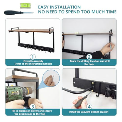 Broom Holder Wall Mount With Cleaning Supplies Organizer Shelf Broom And Mop Organizer Wall Hanging With Vacuum Holder Wall Mount, Wall Mounted Broom Hanger Utility Racks For Home Garage Laundry Room