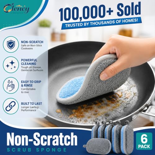 Clency Non-Scratch Kitchen Sponges, 6 Pack Dual-Sided Dish Sponges for Washing Dishes, Safe for Nonstick Cookware, Reusable Scrubber Cleaning Set with 2 Silicone Cleaning Gloves