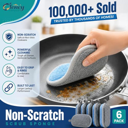 Clency Non-Scratch Kitchen Sponges, 6 Pack Dual-Sided Dish Sponges for Washing Dishes, Safe for Nonstick Cookware, Reusable Scrubber Cleaning Set with 2 Silicone Cleaning Gloves